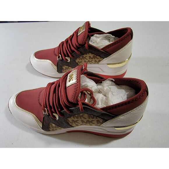 NEW Michael Kors Liv Trainer MK Signature Brandy Multi Wedge Sneakers sz 8.5 - Picture 2 of 7
